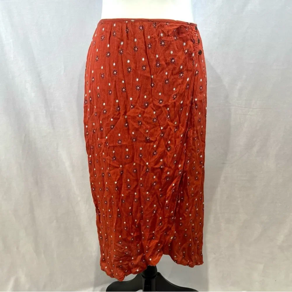 Patrons of Peace rust all over print faux wrap midi skirt size medium